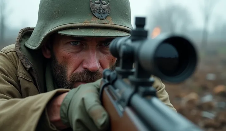 Russian WWII sniper looking through his scope to hunt down a Nazi