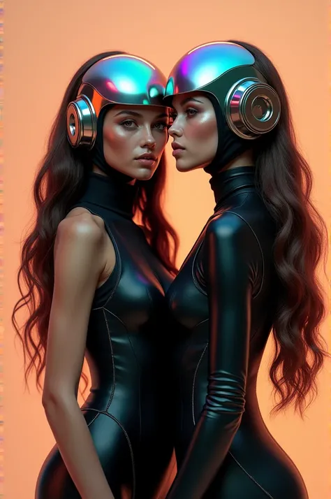 A striking portrait of women with contrasting appearance, with long brown hair and a glossy bodysuit. wear futuristic metallic helmet that reflect vibrant colors and light. The background features a soft gradient of warm hues, enhancing the boldness of her...