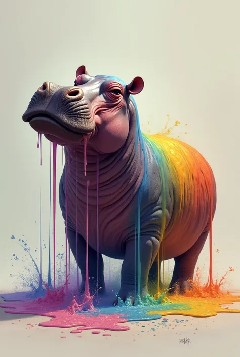 Make a picture of a hippopotamus、Make it an image of rainbow-colored sweat pouring out、Realistic sweat drops、With realistic images