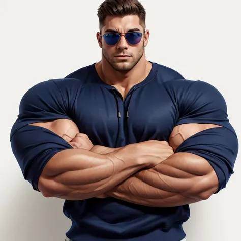 hyper muscular, a very handsome young man, sunglasses, wearing a dark blue sweatshirt, exaggeratedly muscular, exaggeratedly huge muscles, on a white background