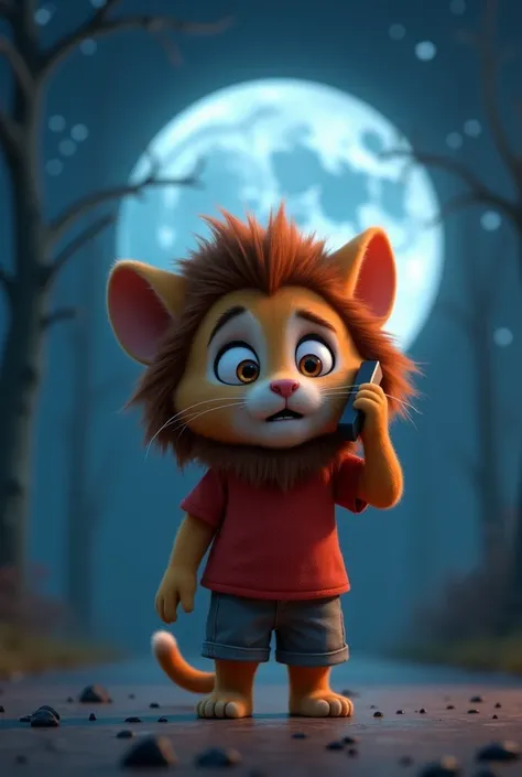  A 3d pixar style cute cat cub with a large fluffy mane and expressive ,scared and scary eyes,wearing a red shirt and grey Shorts, "cat  si talking mobile phone
. The starry night sky and full moon create a quite , spooky atmosphere with gentle shadows.