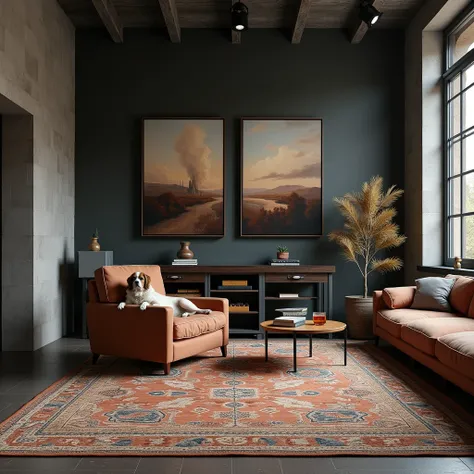 Realistic photo with detail and high definition. A large living room with modernist furniture, Indian carpet on industrial floor and black, stone and brown colors. The walls have two antique modernist paintings and an antique wooden window from which light...