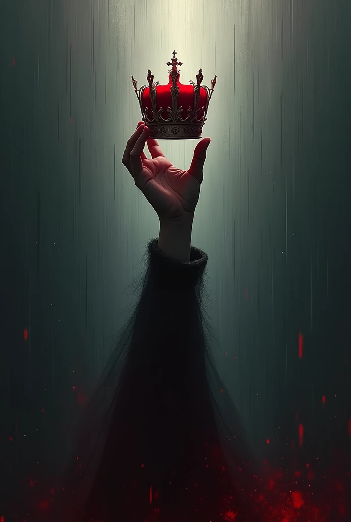 In the image we see a dark background with darkness and red rain and we see in this hand of a person holding a crimson crown, This crown is a simple crown, It has no tips but is very imposing, , the hand is holding and raising upwards as if it were a sign ...