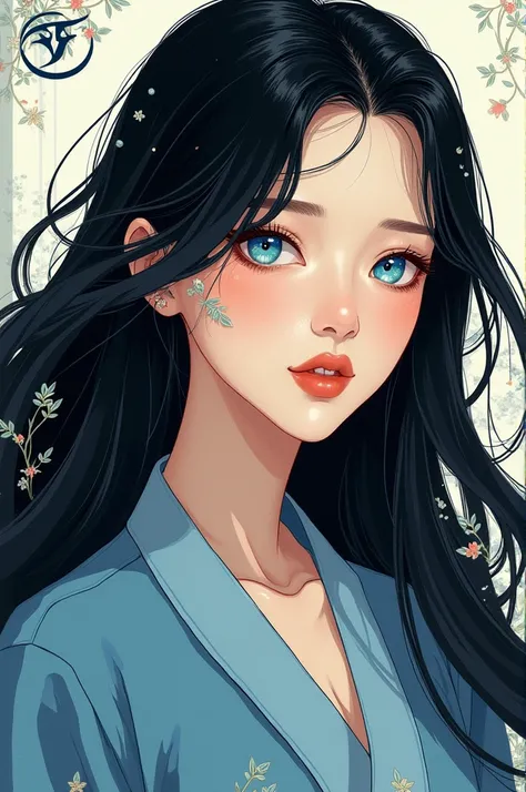 Create a long black haired Beauty ,with blue fénix shaped eyes ,full lips, a mole under the rigth eye with the drawing style of a 2d korean manga 
