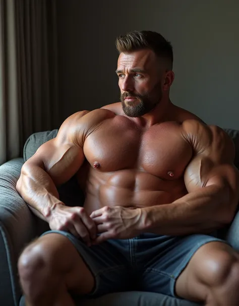 Hyper-realistic, +++massively+++ muscular +++gargantuan+++ bodybuilder, obscenely +++colossal+++ muscle mass exceeding all biological limits, 8K, photorealistic,  blue eyes, european, gay, on a couch at home