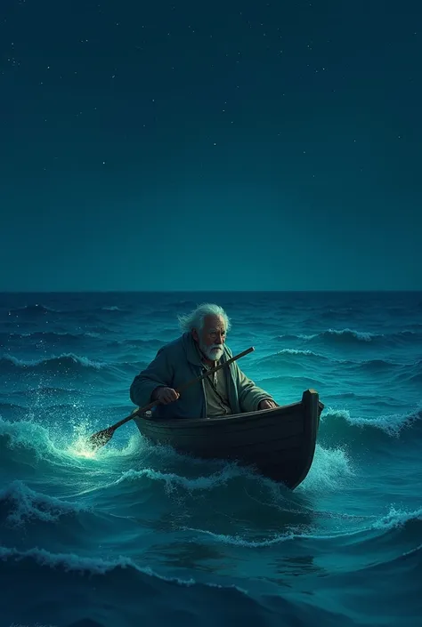 An old man looking at the phosphorescent streak in the sea in a skiff