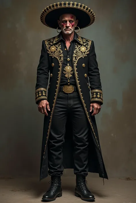 A man with a face all burned like Freddy Crugher by fire full of scars with hoop earrings black mariachi hat with gold edges , black jacket with gold embroidery with 2 pistols black pants with gold embroidery black shoes ,piercing, fierce, full-body gaze 