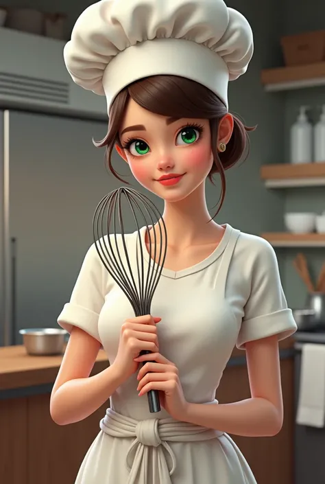 create a whisk (culinary utensil), she needs to be feminine, have green eyes and a pastry hat 