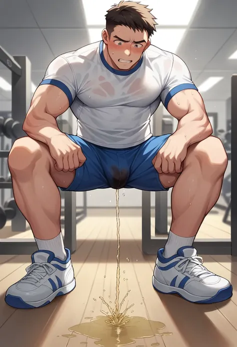 20 years old slender and mascular man, wearing blue short trousers, white short sleeve, He is peeing himself in the training gym, He couldnt hold his pee. There is a large pee wet spot on his crotch. Pee stain on his pants. Pee wet spot on his crotch. He i...