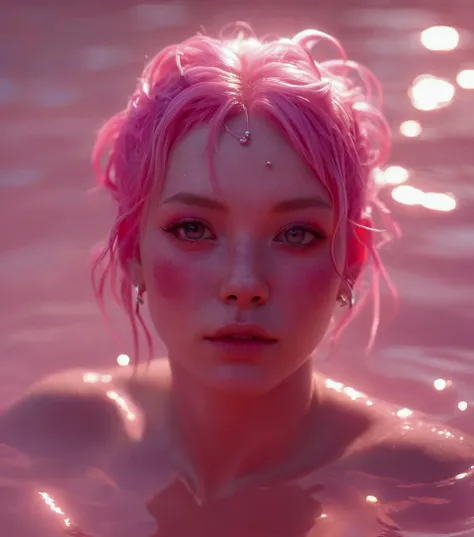 arafed woman with pink hair and piercings in a pool, glowing pink face, inspired by Yanjun Cheng, glowing pink eyes, artem demura beeple, 8k artgerm bokeh, artwork in the style of guweiz, deviantart artstation cgscosiety, pink girl, in the style of ross tr...