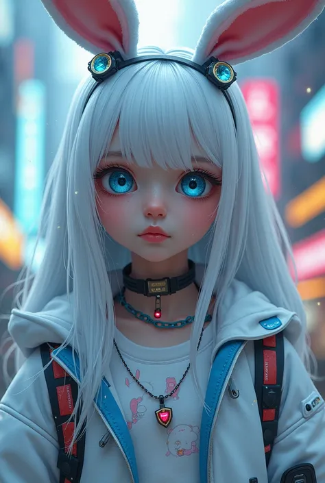 white haired girl, blue eyes with video game clothes, white rabbit themed clothing, extroverrida, cyberpunk style