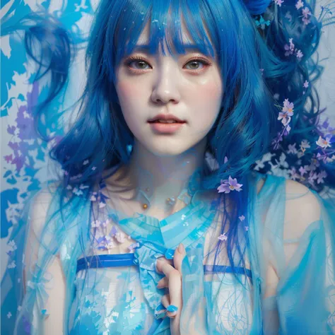 there is a woman with a blue dress and a blue background, inspired by Yanjun Cheng, artwork in the style of guweiz, kawaii realistic portrait, realistic. cheng yi, jingna zhang, anime style mixed with fujifilm, alice x. zhang, inspired by Leng Mei, yanjun ...