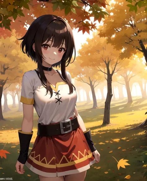 An anime-style girl resembling Megumin from Konosuba, standing in a serene autumn forest. She has short dark brown hair, large red eyes, and is smiling softly. She wears her signature red mage outfit with golden accents, a brown belt around her waist, and ...