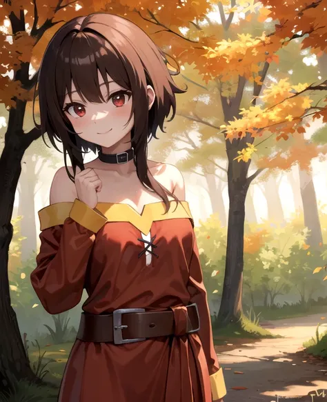 An anime-style girl resembling Megumin from Konosuba, standing in a serene autumn forest. She has short dark brown hair, large red eyes, and is smiling softly. She wears her signature red mage outfit with golden accents, a brown belt around her waist, and ...