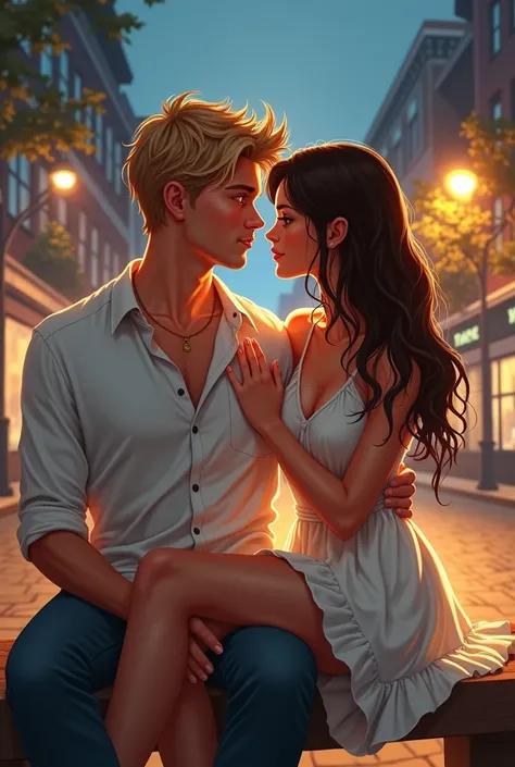 a cover of the book "They KIND of Complete Each Other" young man with blond hair and no beard sitting on a bench on the street at night, a brunette woman in a short white dress sitting on his lap with her hand on the mans shoulder, realistic