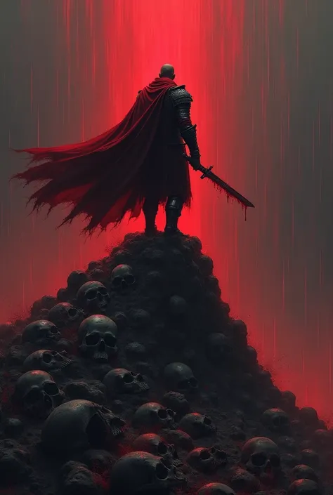 a man with his back to us in dark crimson red armor and a bloody sword, in the background everything is dark, red rain and he is on top of a mountain of bodies and skulls. this man is on top of this pile of bodies and skull looking up with his scarlet red ...