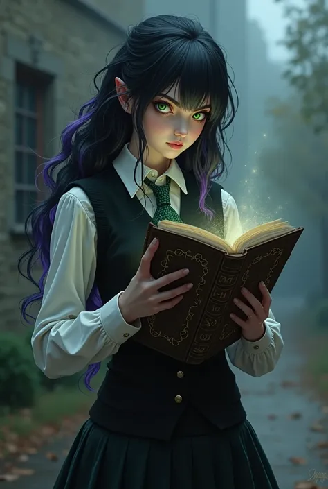 Ravenna Blackwood ,  a goth witch with pale white skin.  Spilt dyed long black and purple hair with bangs. and emerald green eyes.  Wearing the Evercrest Academy school uniform skirt , with a white dress shirt and a black sweater vest holding a spellbook