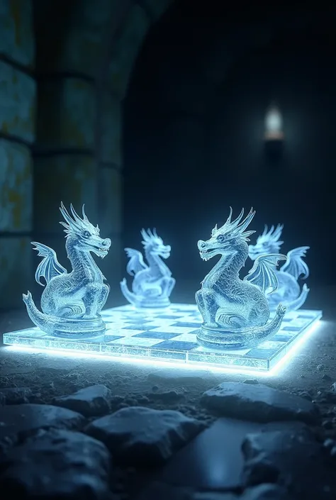 Crystal glass Dungeon & Dragon chess set with white glowing underneath 