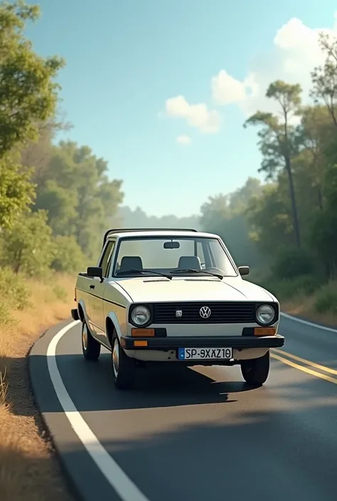 I want you to create an image of a white 1995 Volkswagen Saveiro on an asphalt road 