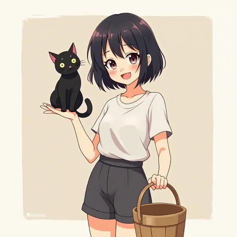 anime girl holding a bucket short hair with a black cat on the other hand cute pose smiling poster style