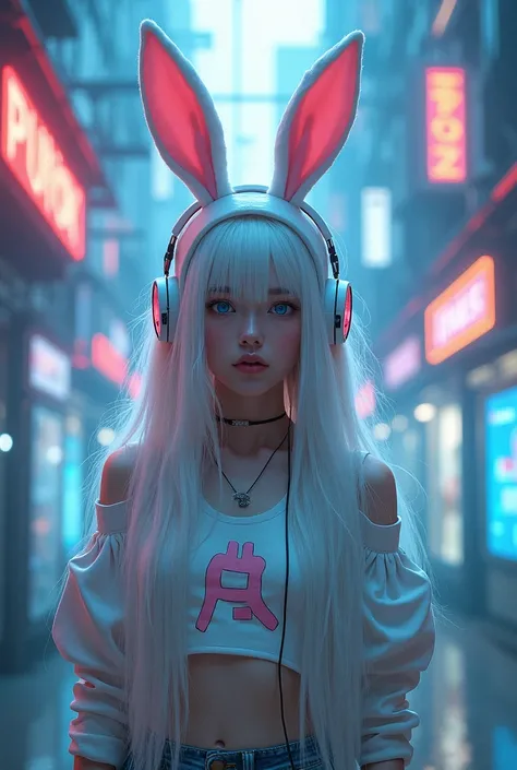 Young and beautiful girl with long white hair, blue eyes with video game clothes, white rabbit themed clothing, and rabbit headphones , cyberpunk style