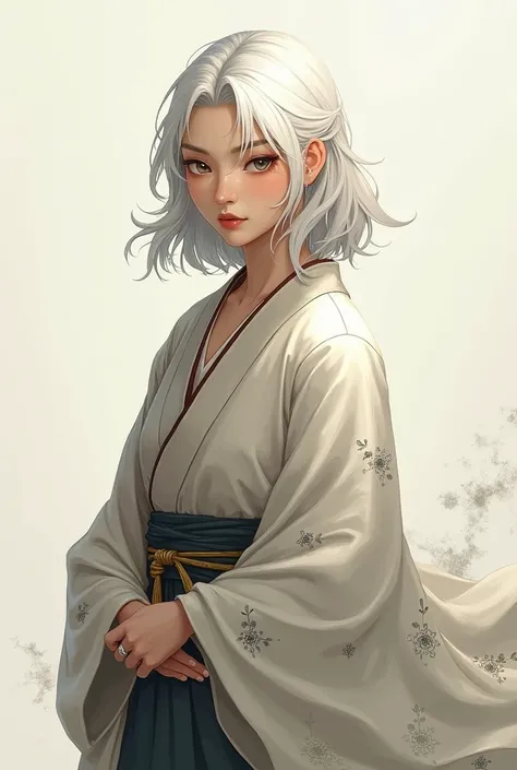 A light-skinned female character, with mature expression, with shoulder length white hair, light-eyed man who wears a fighting kimono as clothing