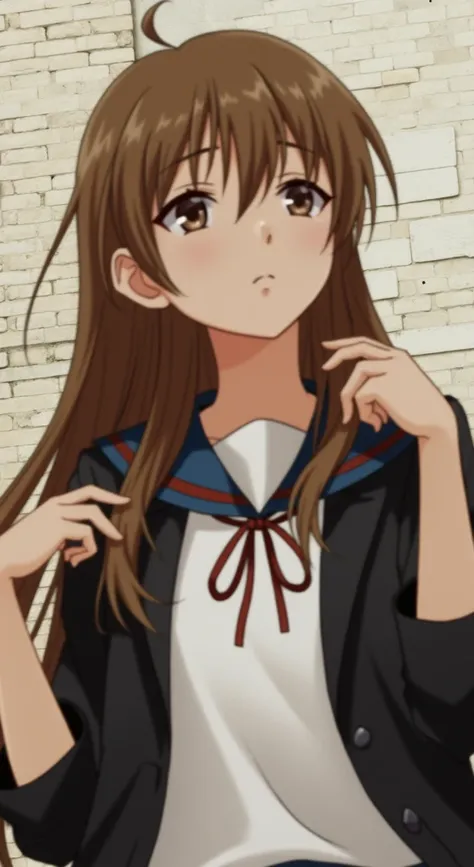 A long-haired high school girl in a navy blue uniform