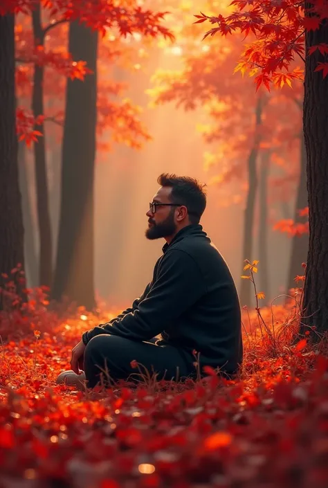 A man in a black sweatshirt and glasses, sitting in the middle of a forest with red tree leaves, the forest grass is red too and a beautiful sunny day.