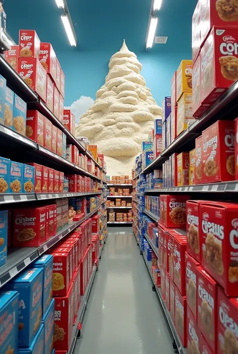 arafed display of cereals and cereal bars in a store, ((in a super market costco)), stacking supermarket shelves, !! low contrast!!, surreal!!!, leaked image, candid photograph, mountains of ice cream, in background, (((conglomerate!, brand colours are red...