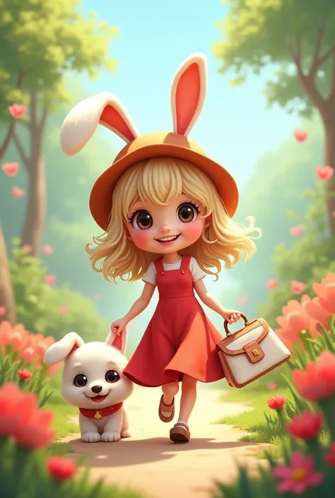 Create a chibi style image, 8k, in the best quality, of a beautiful girl, , big eyes, dark blonde hair,((wearing a bunny face hat)), captured full body in a red dress, happy face,( (white rabbit expensive bag)), walking with cute dog in the garden with flo...