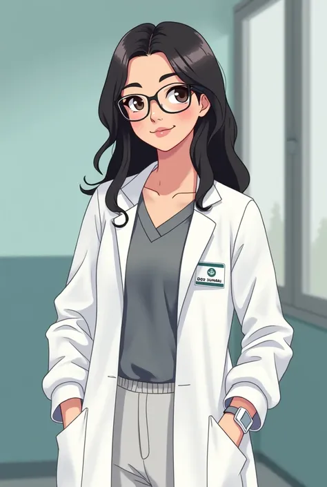 She’s a dental house job officer wears specs name is sumbs make it anime pic with white coat and green clothes and a name tag with sumbs dr sumbs she’s Pakistani she has medium hair more of a round face and add the name man Dr Sumbs rest is perfect also co...