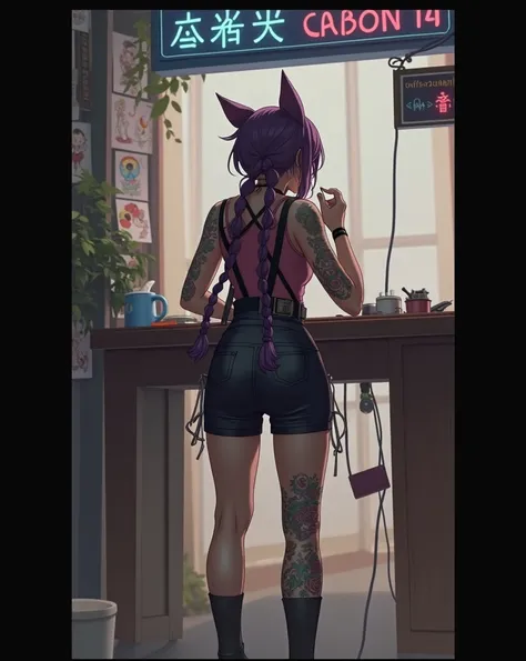 girl without breasts, anime style girl with cat ears, ghibli colors, cyberpunk style, tattoo artist, tattooing in studio, hanging sign with neon lettering, purple hair, braided hair with four braids, sign on the studio wall that says "shifts available", Gi...