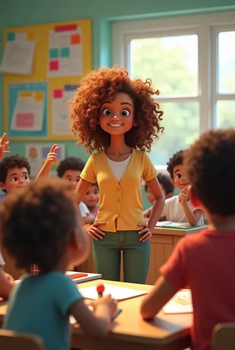 I create an image of a curly-haired teacher surrounded by her student 

