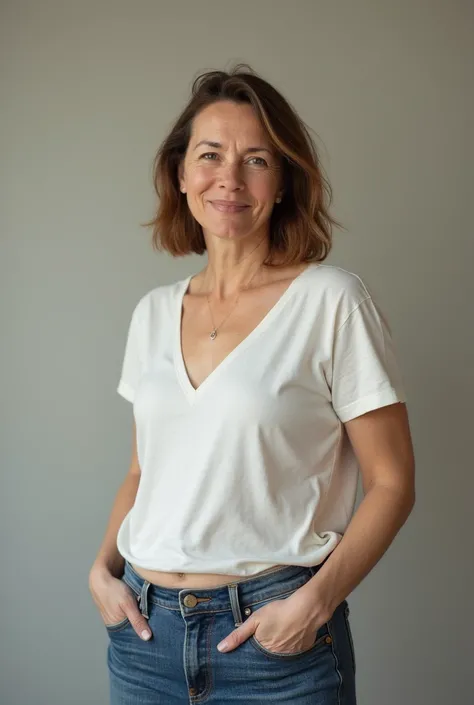 A simple woman, 40 years old, full, haircut, jeans, mother, to the waist photo