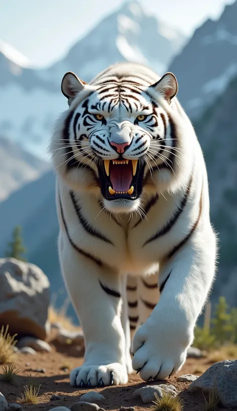 An angry white tiger with an open mouth and sharp fangs and evil eyes stands against the backdrop of mountains and looks straight into the camera. very detailed, 8k quality. the tiger is distant back