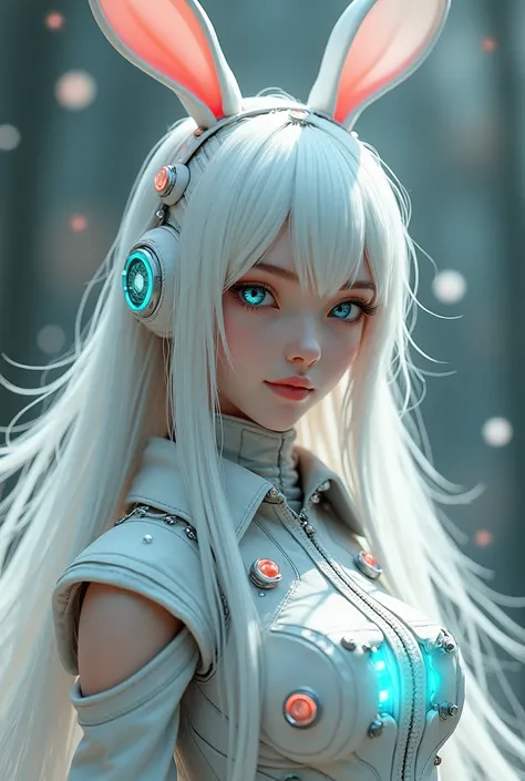 Young and beautiful girl with long white hair, blue eyes with video game clothes, white rabbit themed clothing, and rabbit headphones , cyberpunk style or robotic fantasy 