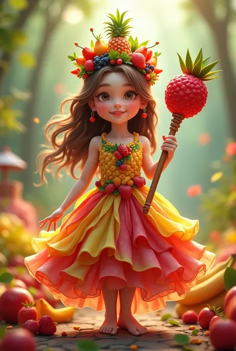 Try fruit, with a very colorful dress full of fruits, Very healthy and radiant look, crown with fresh fruits like grapes, Piña, strawberries, Sandia, apples, Bananas and a scepter of red fruits, It should have a layer of fruit I want it to be lively like f...