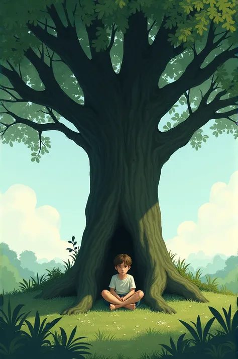 A lonely boy sitting under a tree to feel comfort 
