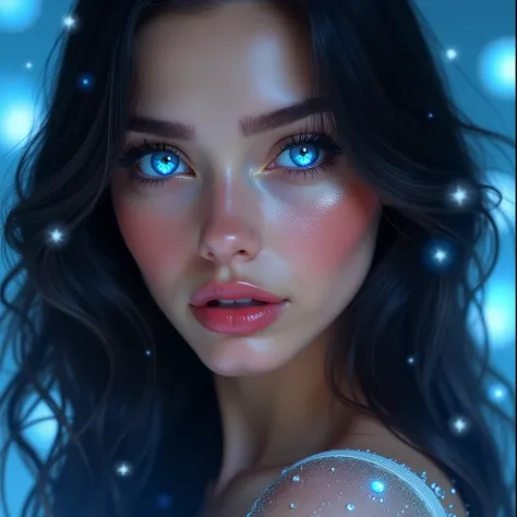 Face of a beautiful young Russian woman, with details on the face. (glass, Shine, perla, glowing skin, pigmented skin, Bright pink lips, hyperrealistic) Make your face look amazing, She wore makeup with raw cheekbones like Cristal dimond and pigmentation a...