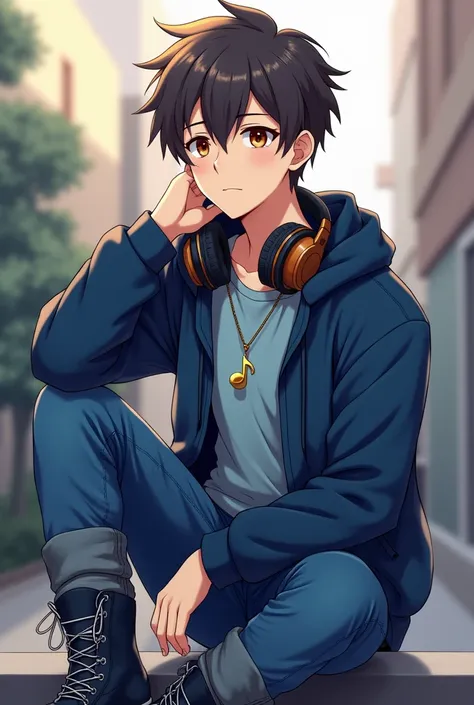  seventeen year old anime boy, brown, short black hair, casual clothes in various shades of blue and dark blue boots with white, with gold music note necklace, strap leather, brown eyes, usando headphone
