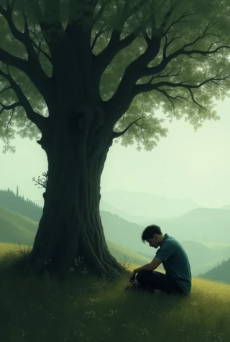 A lonely man sitting under a tree to feel comfort 
