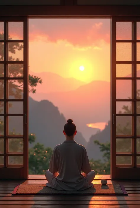 (photorealism:1.2), beautiful sunset outside view from mountain zen sitting in house drinking green tea. Sun dim light knocking zens house front where zen is sittinf