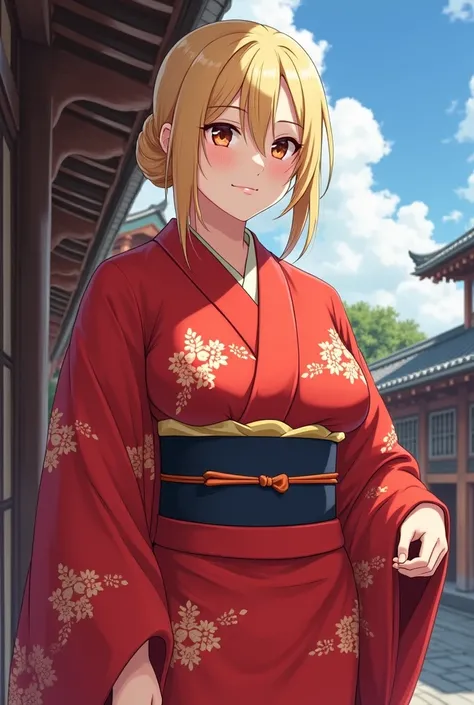 work of art, best quality, Kai Kuzume, red kimono, upper body, looking at the viewer, slight smile, big breasts, Japanese architecture, outdoors, sky, realistic, blonde, motherly side hair direito, realistic, realistic