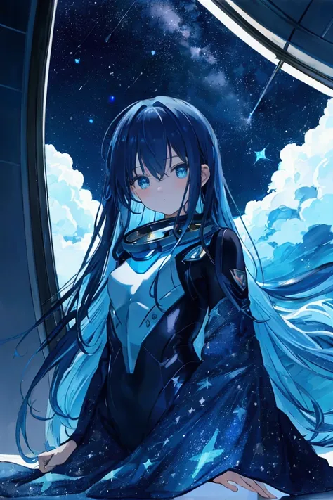 Two sided window - one showing an astronaut floating in space beautiful starry night -other shows diver in depths of ocean fantasy ethereal blue dark themed 