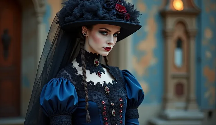 Czech Republic as a european middle east Gothic model in navy blue, white and carmine colors. intricated brocado and lace costume. Victorian Goth scene