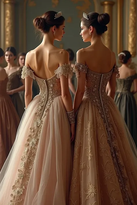 Women wearing royal frocks from back side 
