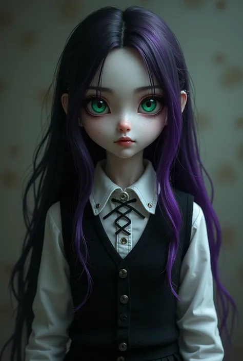 Ravenna Blackwood ,  a goth witch with pale
White skin and long spilt dyed purple and black hair. With emerald color eyes ,  wearing the Evercrest Academy uniform.   That includes a black skirt ,  a Laced up white dress shirt and black sweater Vest. 
