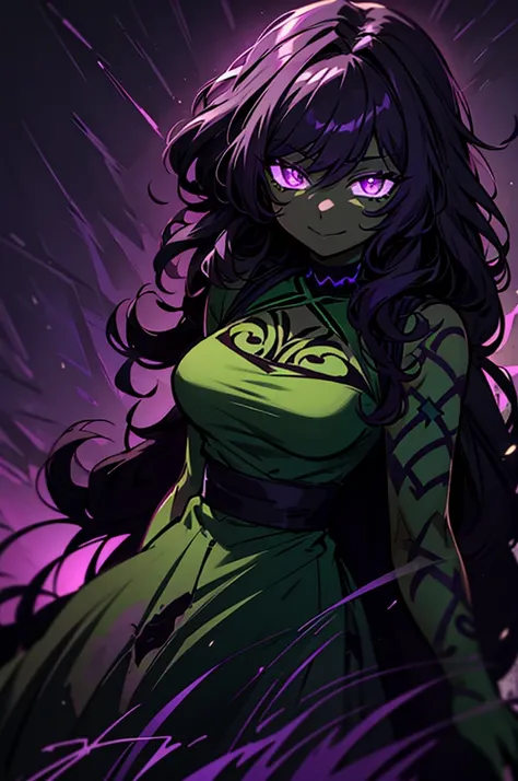 black skin, anime woman, happy, glowing dark purple eyes, glowing purple green tattoos, glowing dark green messy curly hair, wearing a black dress, black roses in hair