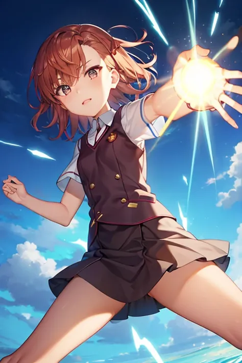 Misaka Mikoto is flying freely around Academy City using electricity.、Eyes on the center、One-eyed wink、Firing a railgun