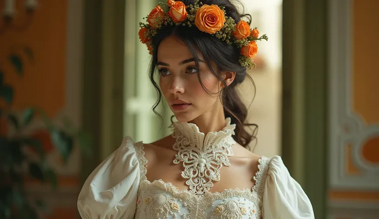 Cyprus as a mediterranean island Gothic model principaly in white with orange and olive green colors. intricated brocado and lace costume. Victorian Gothic cinematic scene